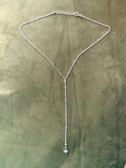 925 Sterling Silver White Topaz North Star Charm ~Cable Dot Handcrafted Mid Lariat Necklace