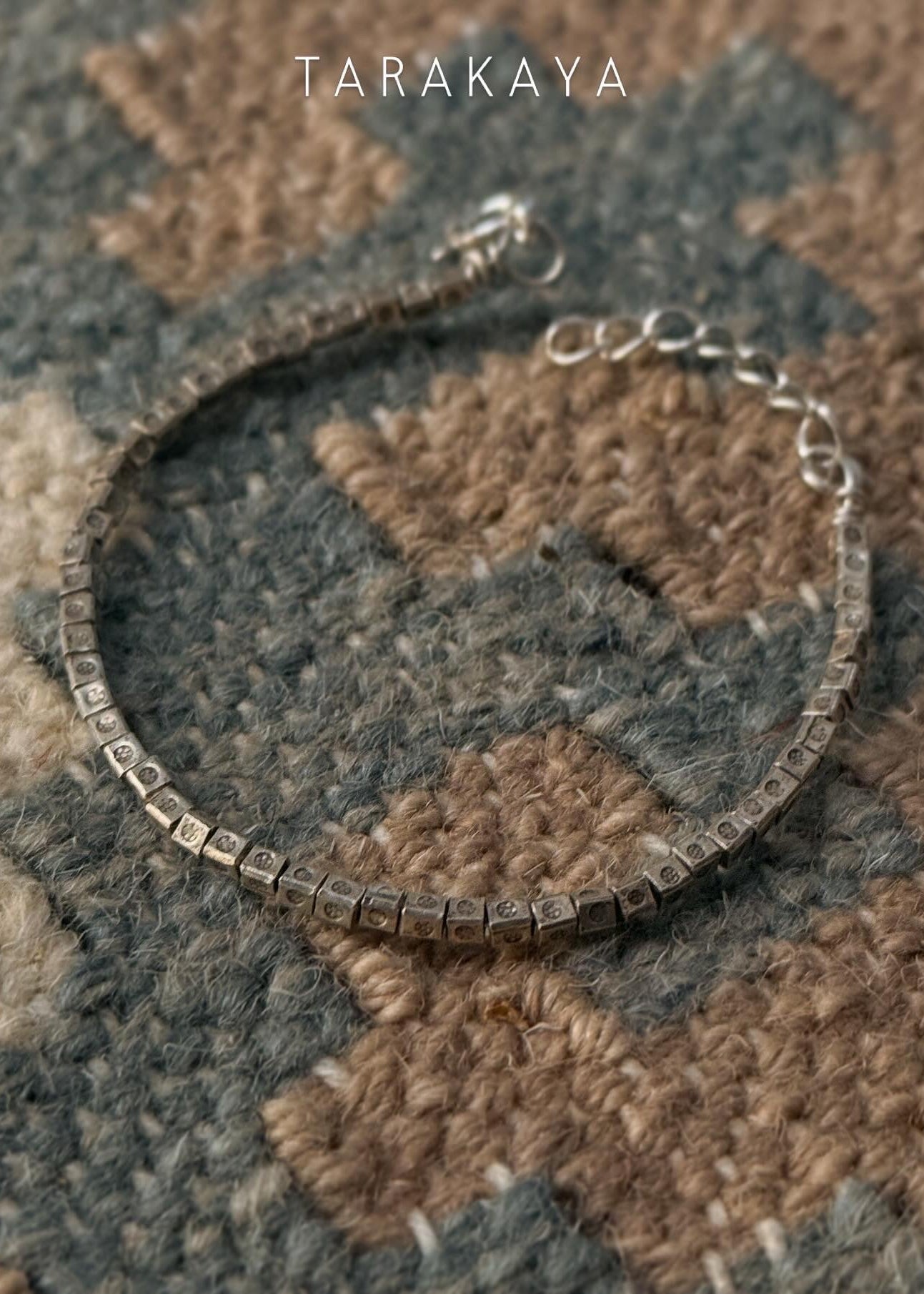 925 Sterling Silver Bohemian Square Beads Hill Tribe With Floral Hand Engraved Beaded In Silver Wire Handcrafted Stack Bracelet