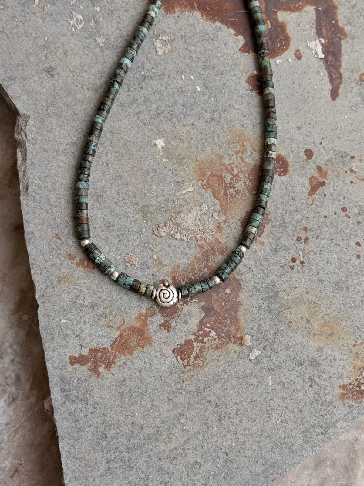 925 Sterling Silver African Turquoise Flat Tube Crystal Spiral Charm With Silver Balls Necklace