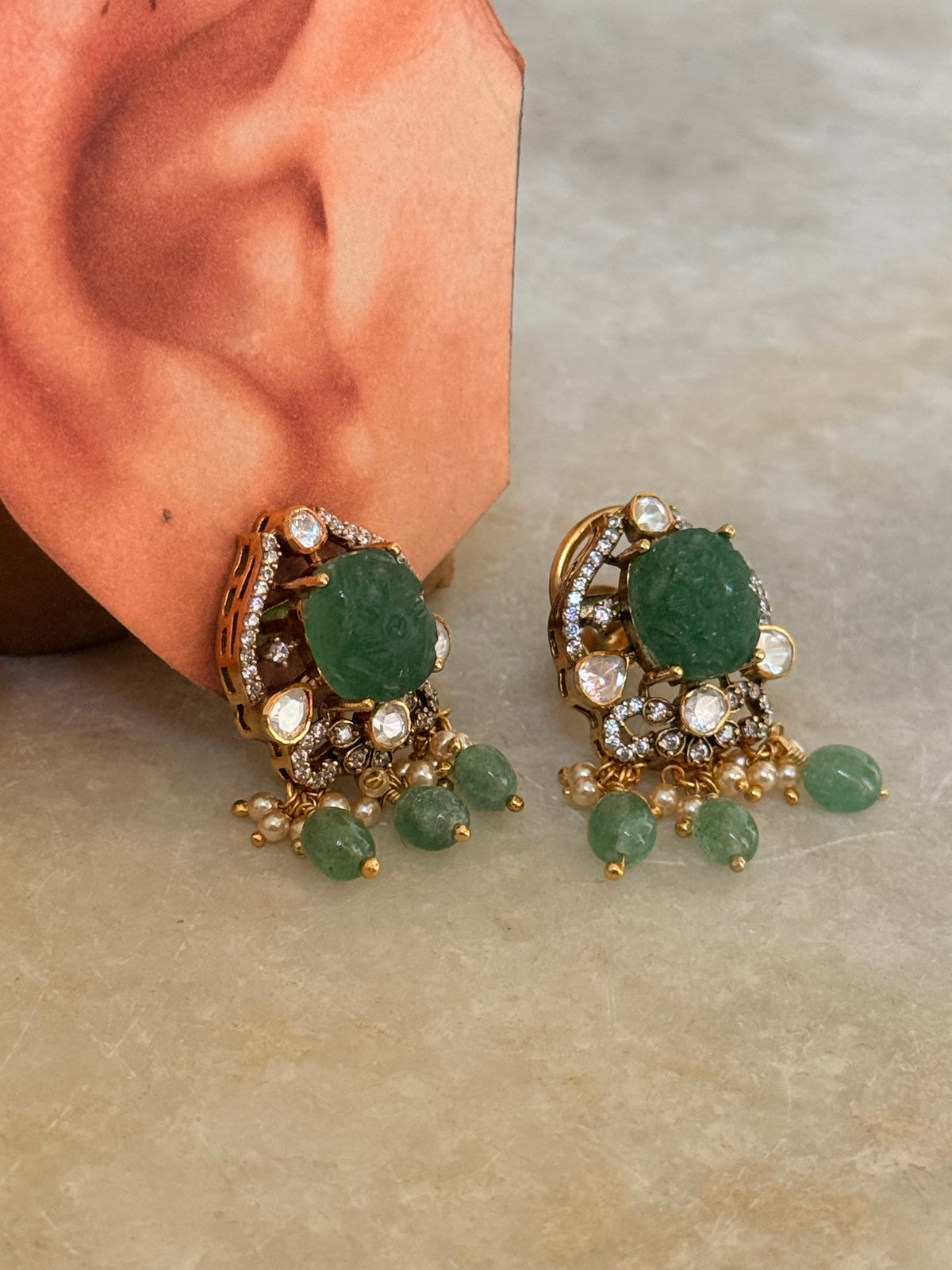 925 Sterling Silver Gold Plated Green Onyx Studs Earrings