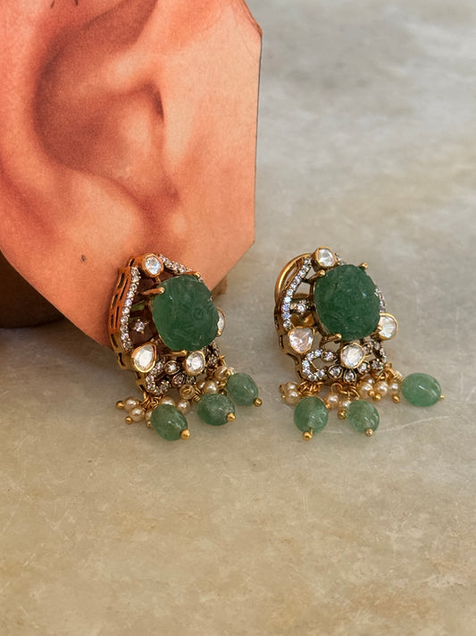 925 Sterling Silver Gold Plated Green Onyx Studs Earrings