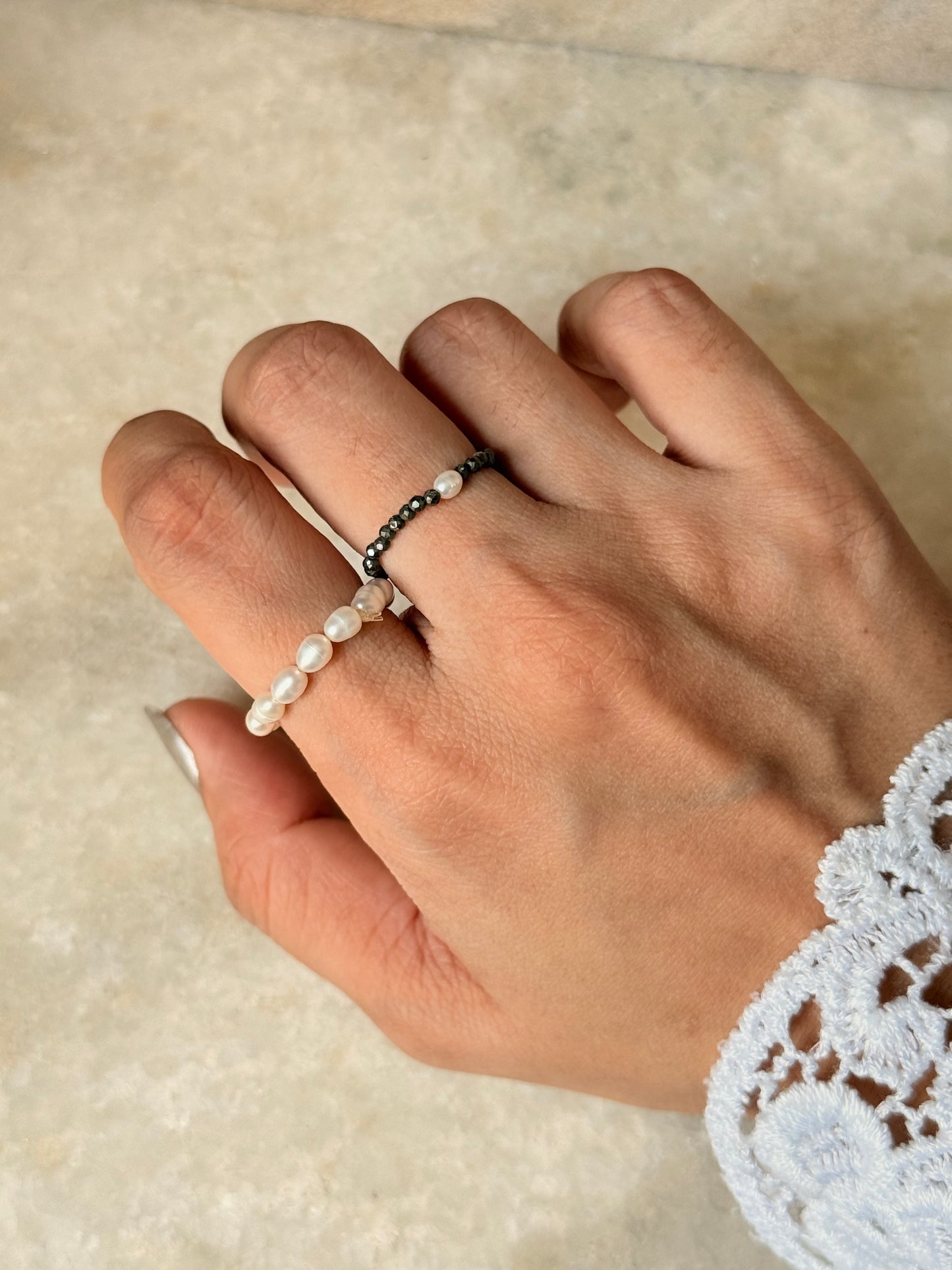 Natural Crystal Stretchy Fresh Water Pearl & Pyrite Pearl Rings