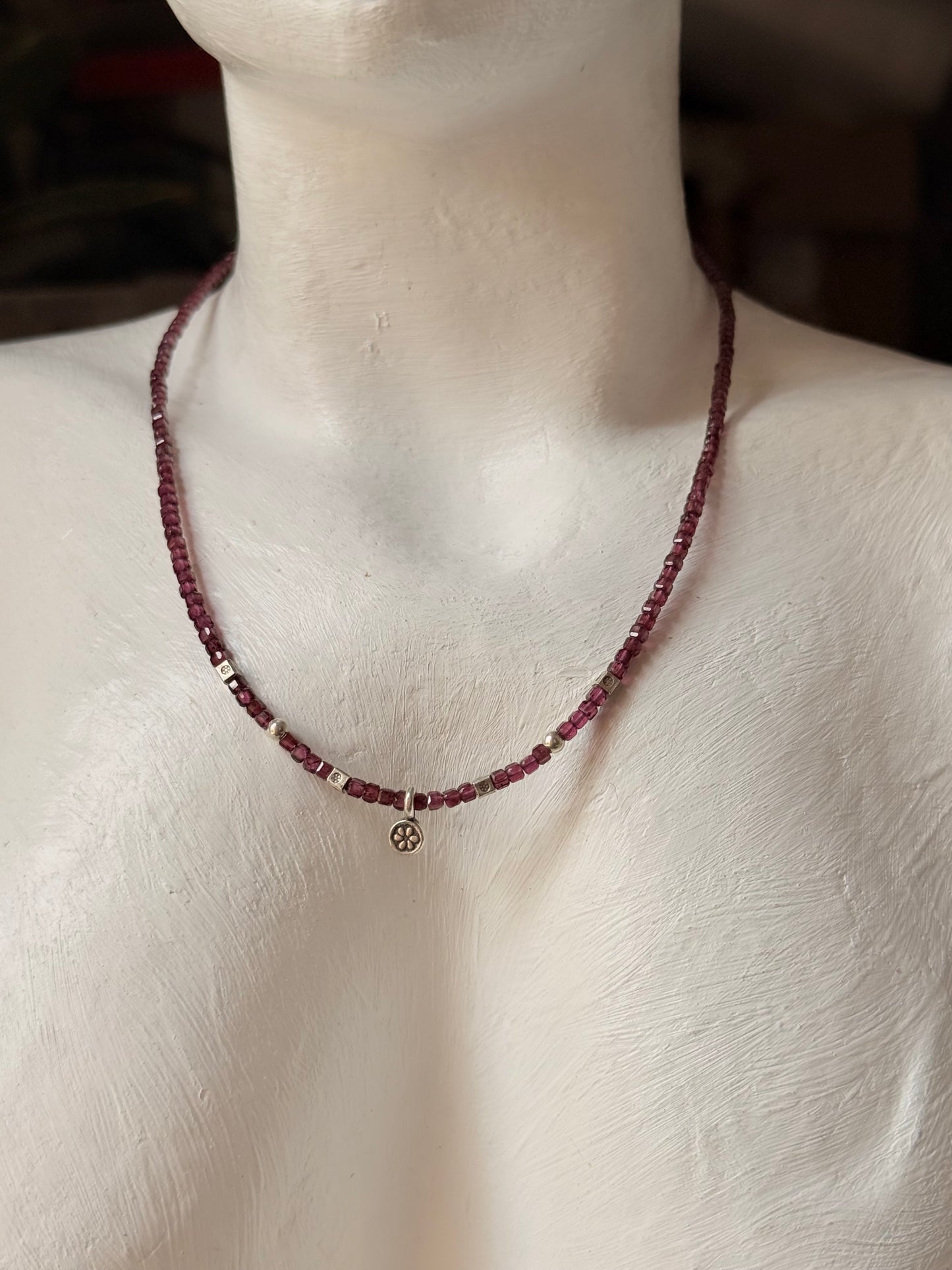 925 Sterling Silver Garnet Box 2mm Flower Charm Necklace