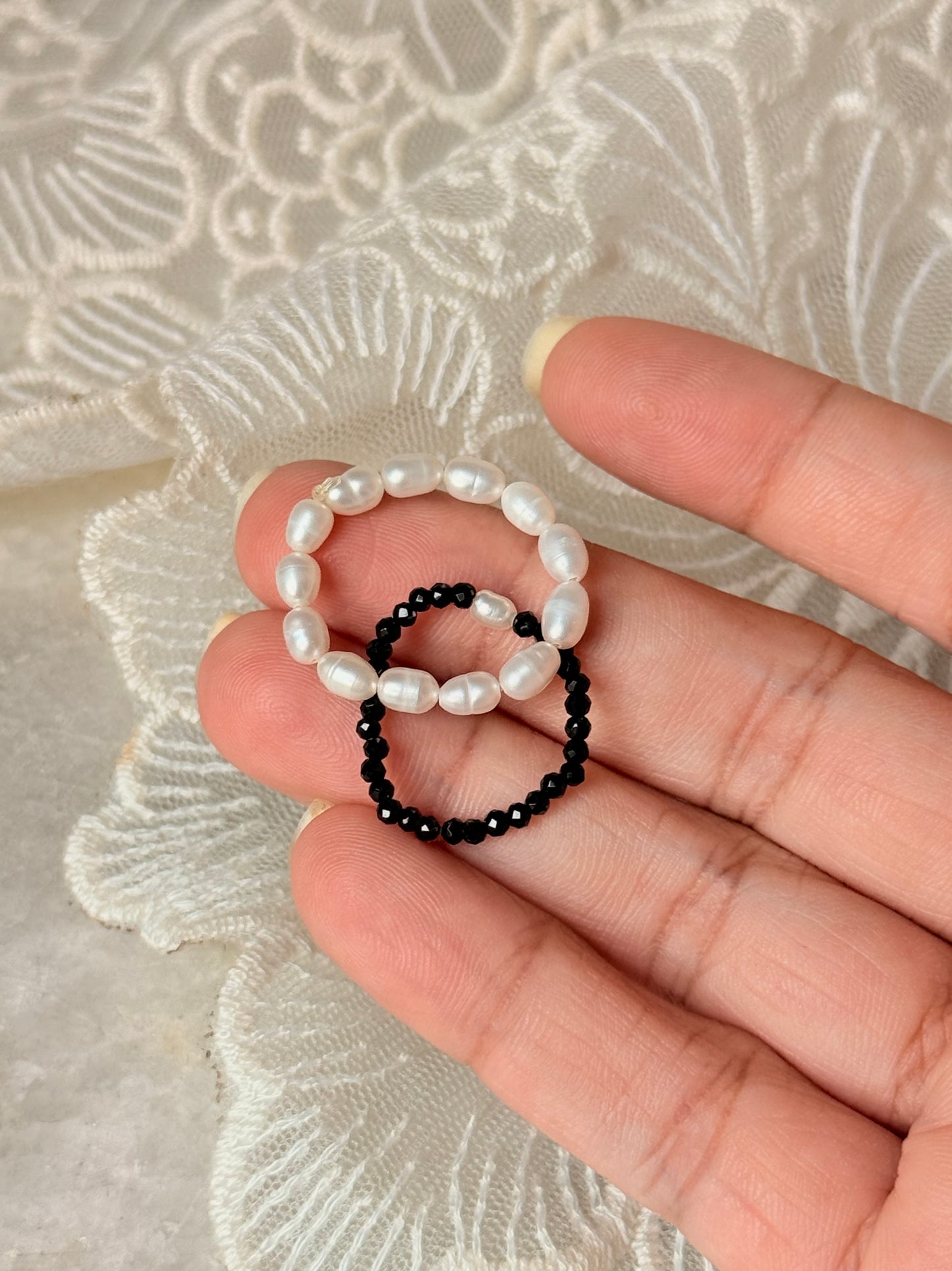 Natural Crystal Stretchy Fresh Water Pearl & Black Spinel Pearl Rings
