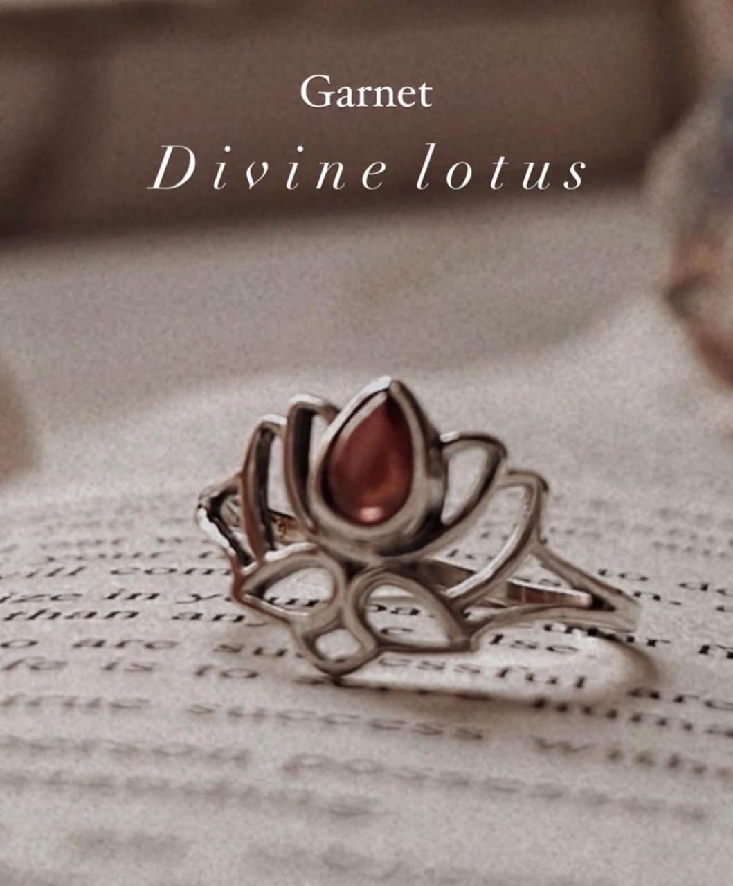 Garnet divine lotus ring in sterling silver with intricate petals