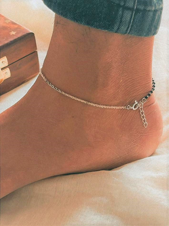 Black Bead Half Chain Silver Anklet for Protection