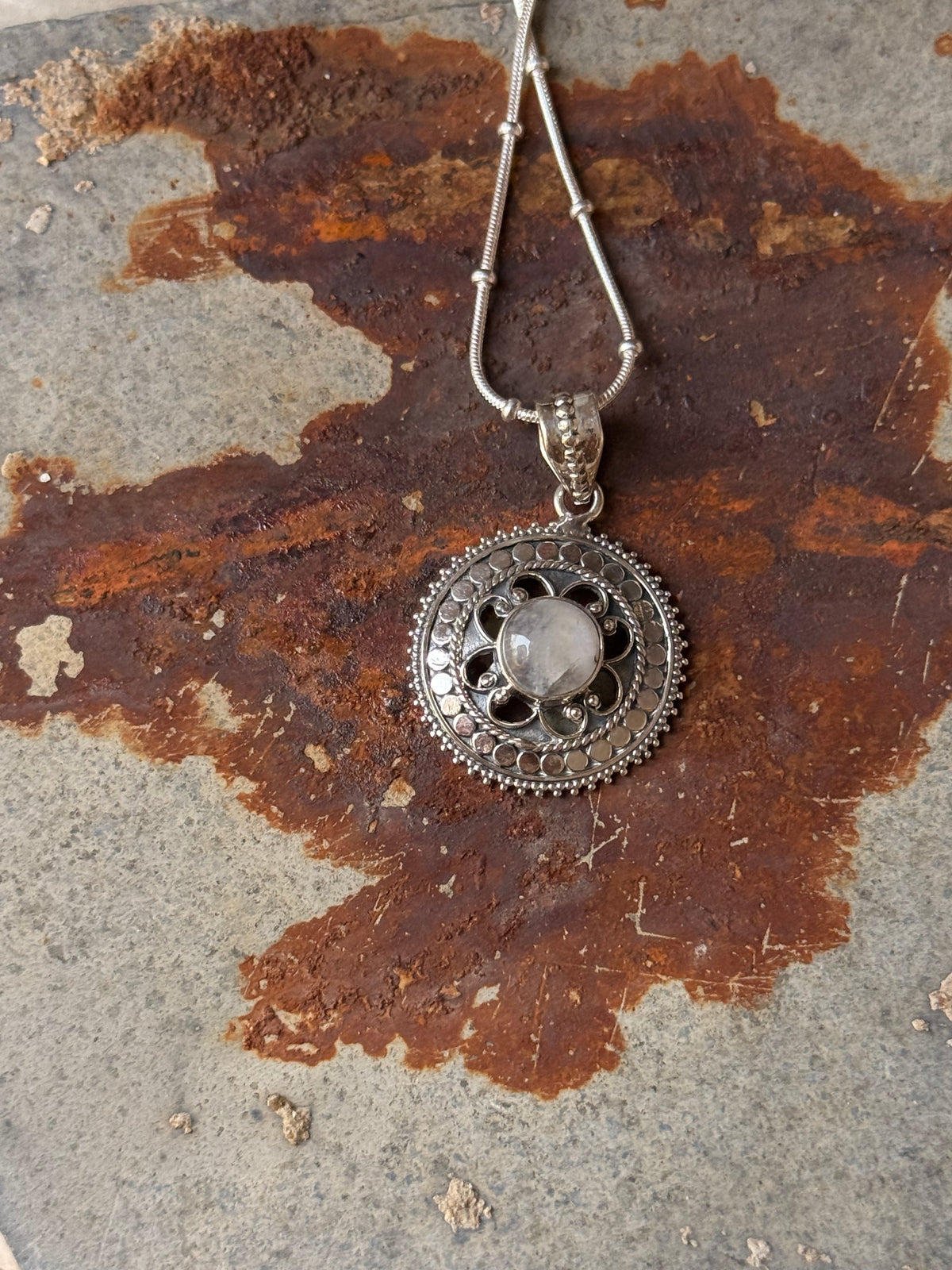 925 Sterling Silver Moonstone Round Boho Handcrafted One of a Kind Pendant