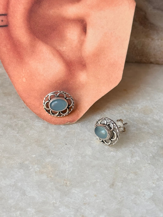 925 Sterling Silver Aqua Chalcedony Oval Flower Studs Earrings