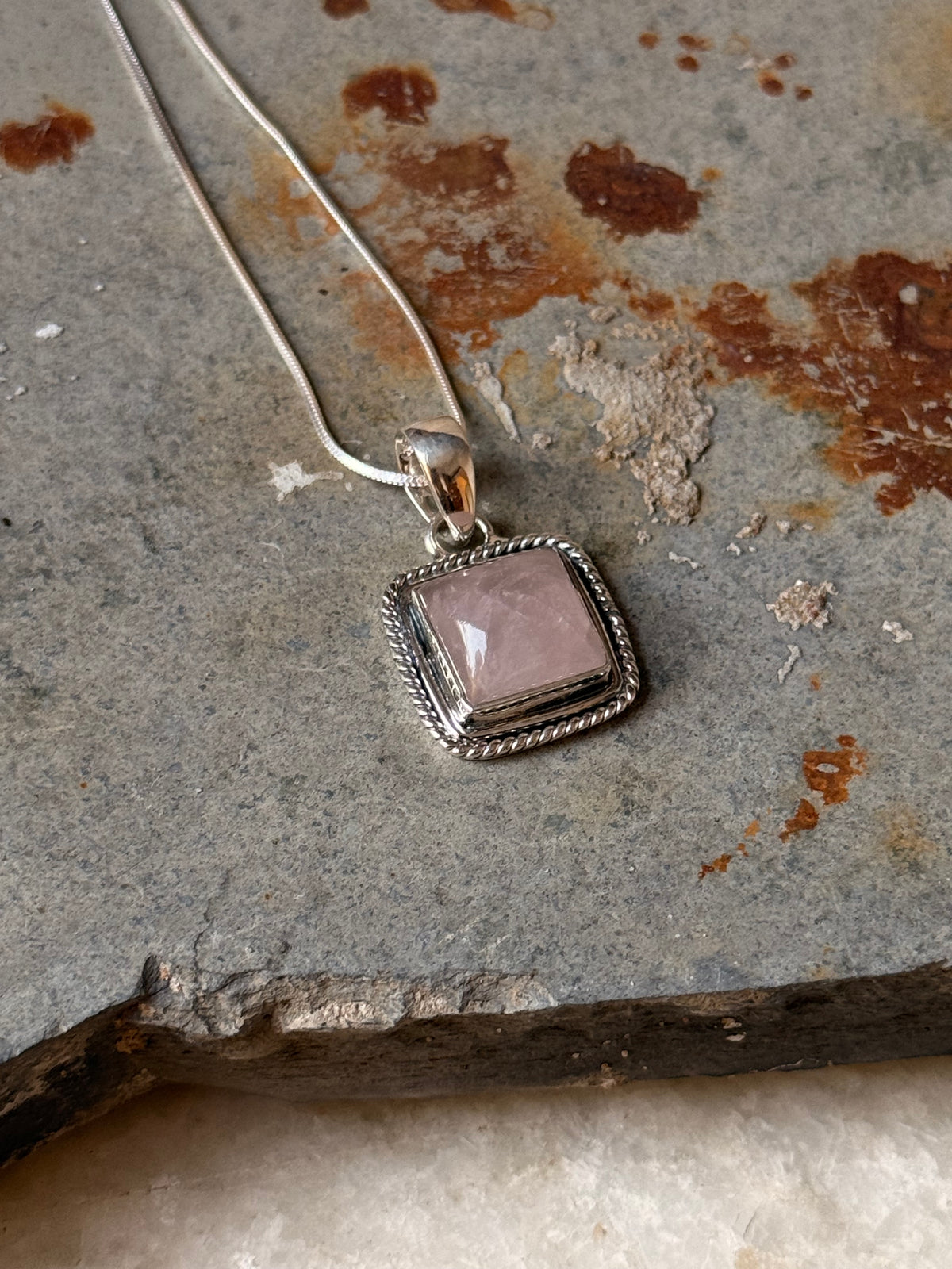 925 Sterling Silver Rose Quartz Square Pendant