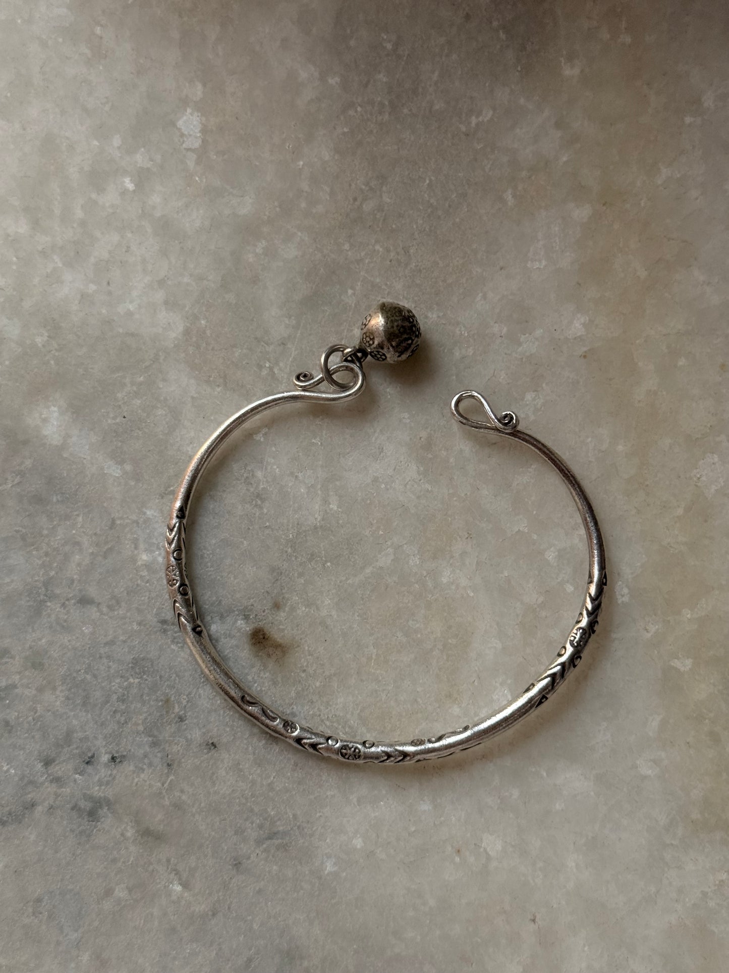 925 Sterling Silver Antique Hill Tribe Handcrafted Adjustable Kada With Hanging Charm