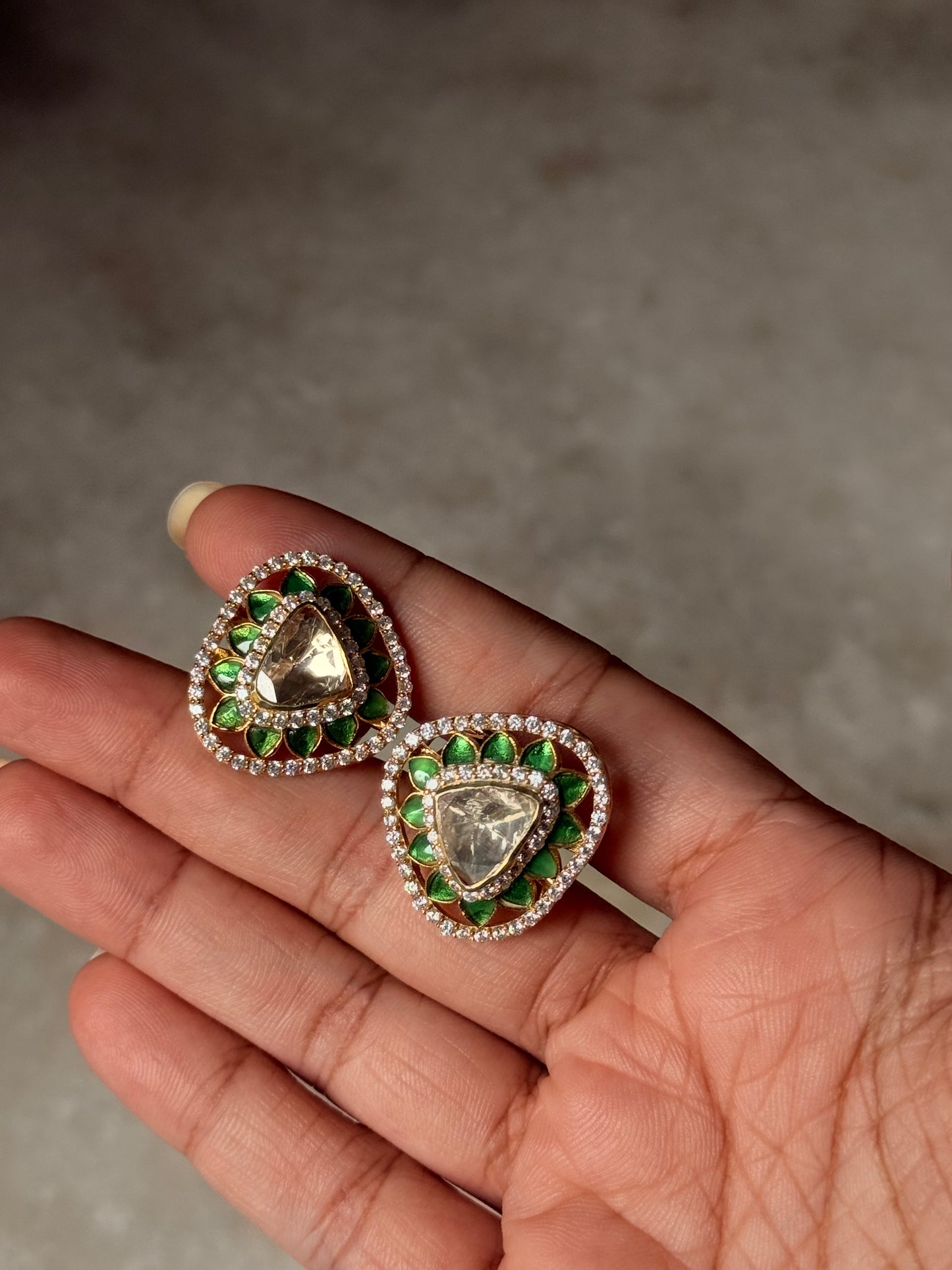 925 Sterling Silver Gold Plated Antique Moissanite Polki Green Kundan Triangle Studs Earrings