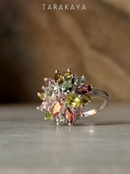 925 Sterling Silver Multi Tourmaline Flower Statement Ring