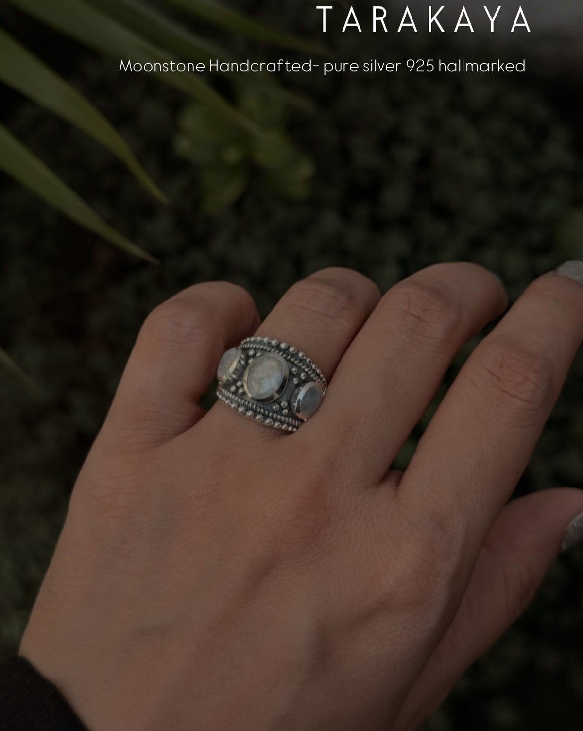 925 Sterling Silver Moonstone 3 Stone Boho Statement Handcrafted Ring
