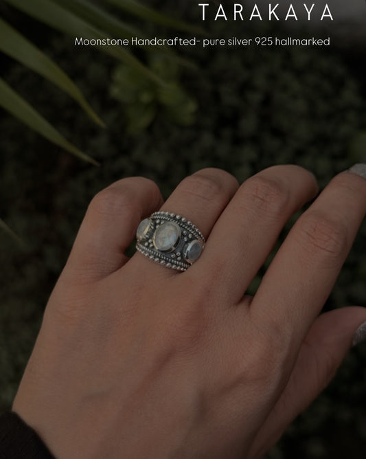 925 Sterling Silver Moonstone 3 Stone Boho Statement Handcrafted Ring