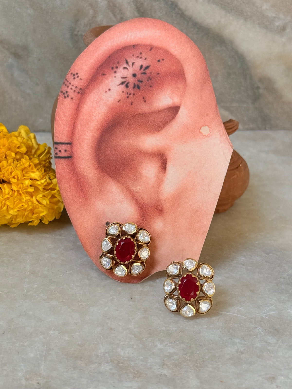 925 Sterling Silver Gold Plated Moissanite Polki Dyed Ruby Studs Earrings