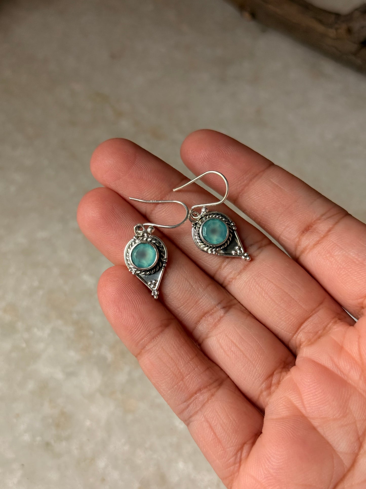 925 Sterling Silver Aqua Chalcedony Boho Rawa Earrings