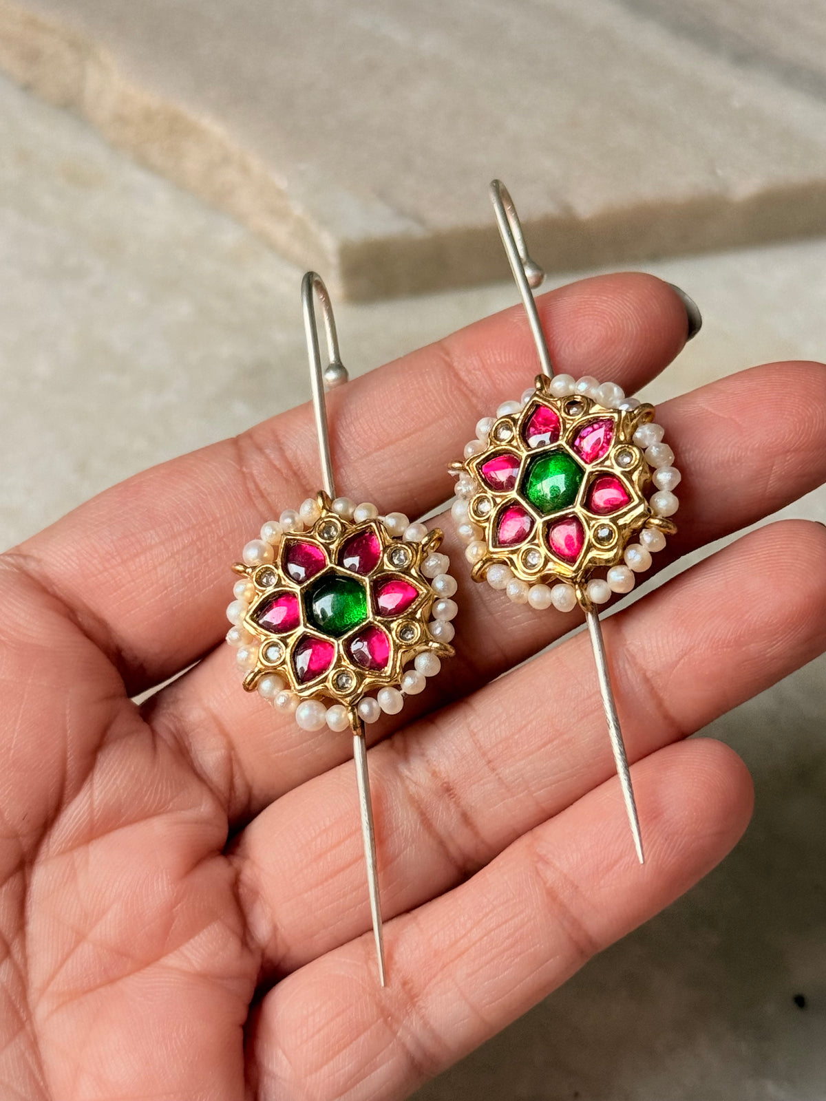 925 Sterling Silver Gold Plated Pink & Green Stone Kundan & Fresh Water Pearls Pirohi Full Ear Cuffs - Dual Tone