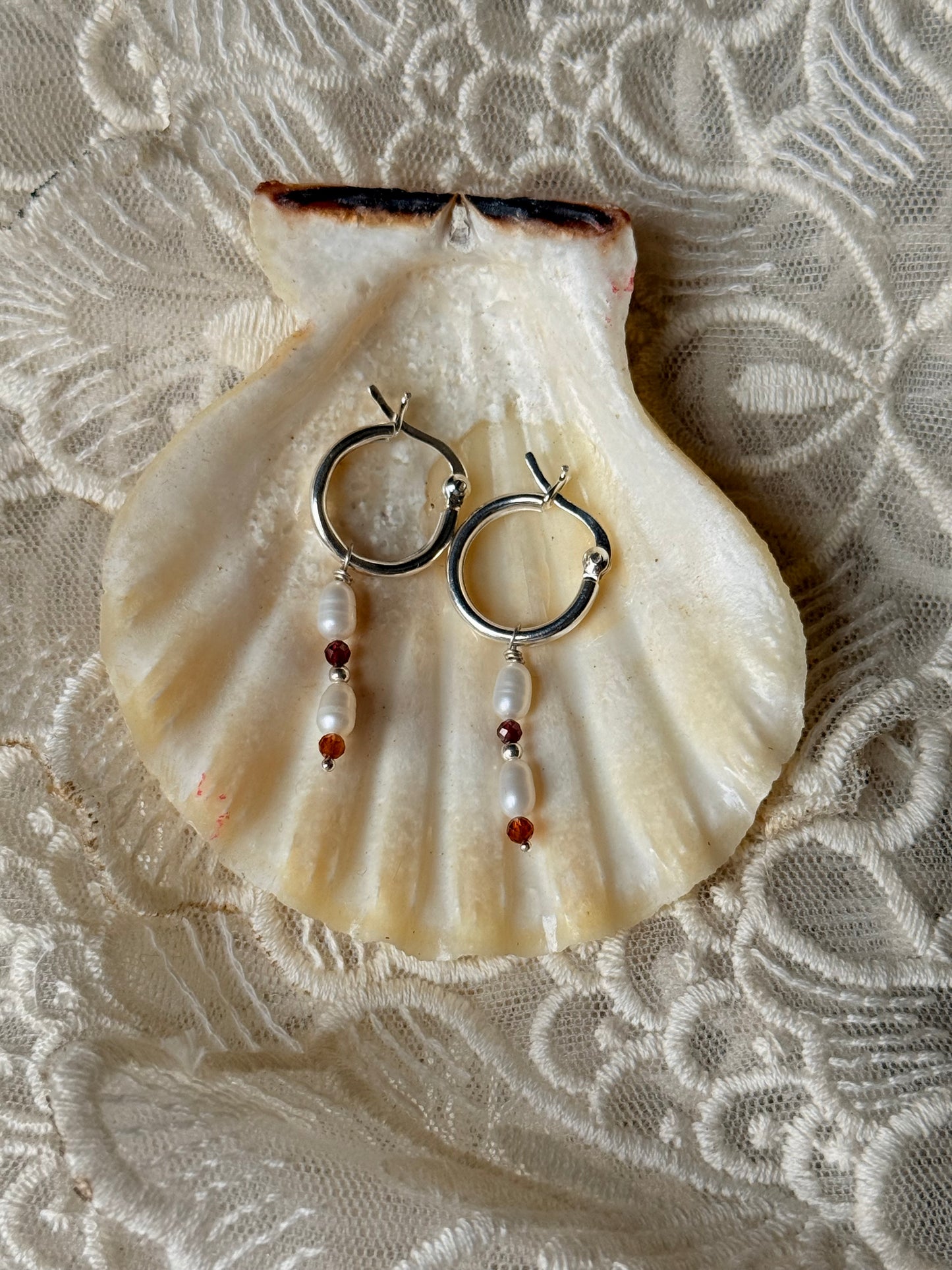 925 Sterling Silver Hessonite 2mm Fresh Water Pearl Hoops Earrings