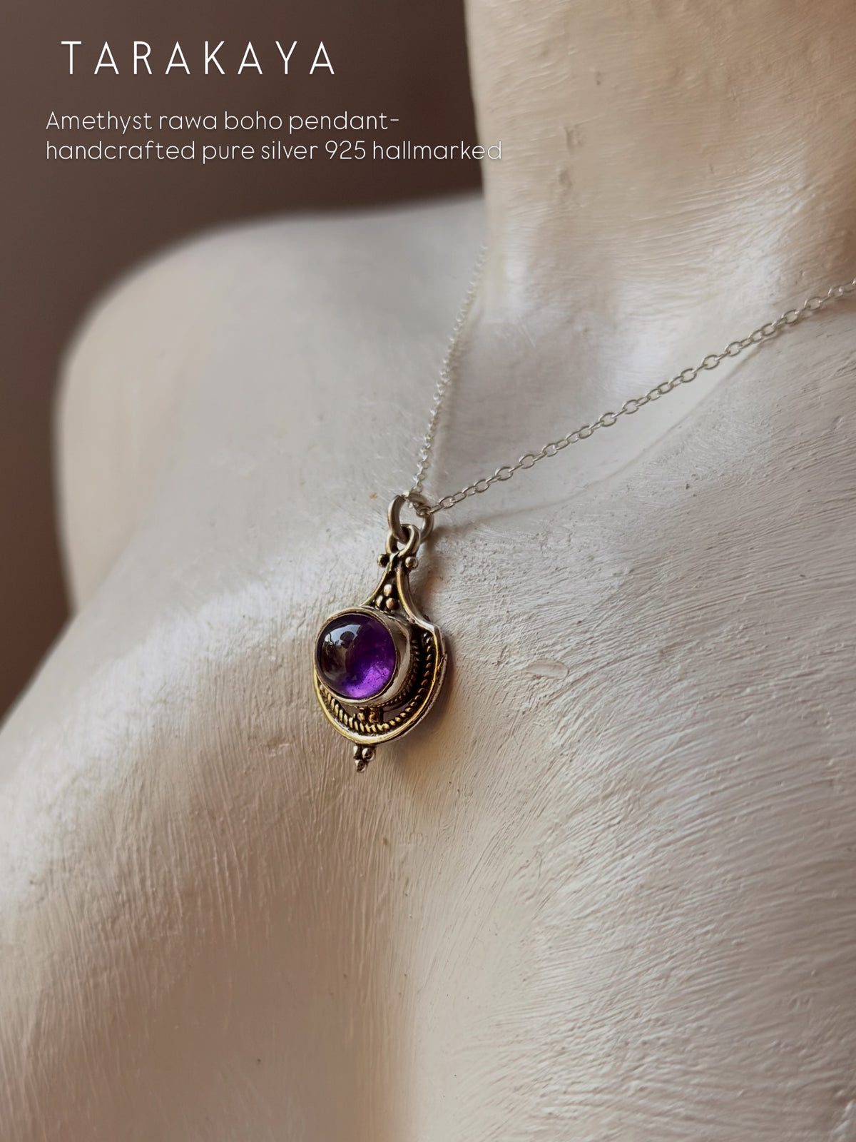 925 Sterling Silver Amethyst Boho Rawa Handcrafted Necklace