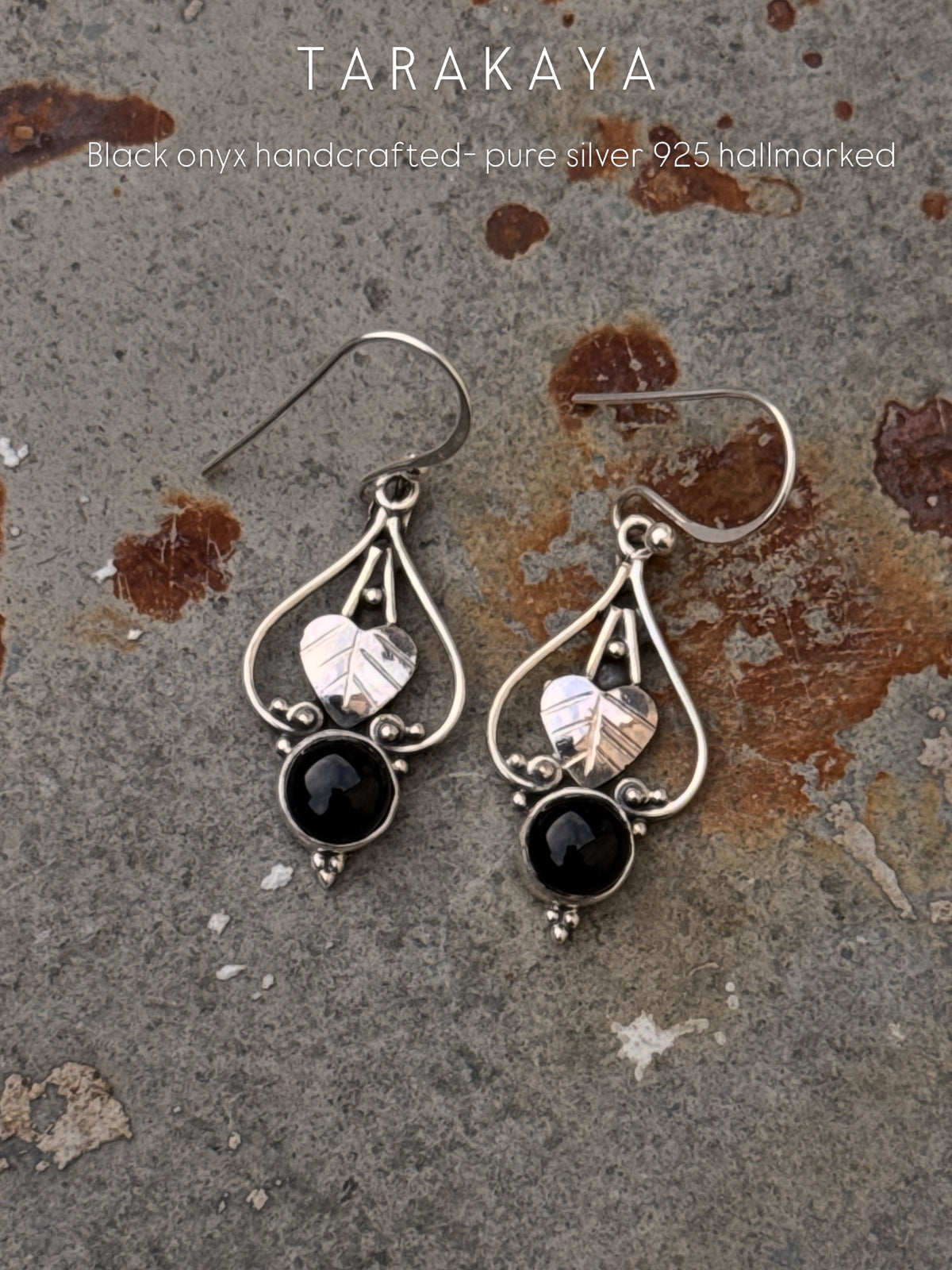 925 Sterling Silver Black Onyx Pear Leaf Rustic Hook Earrings