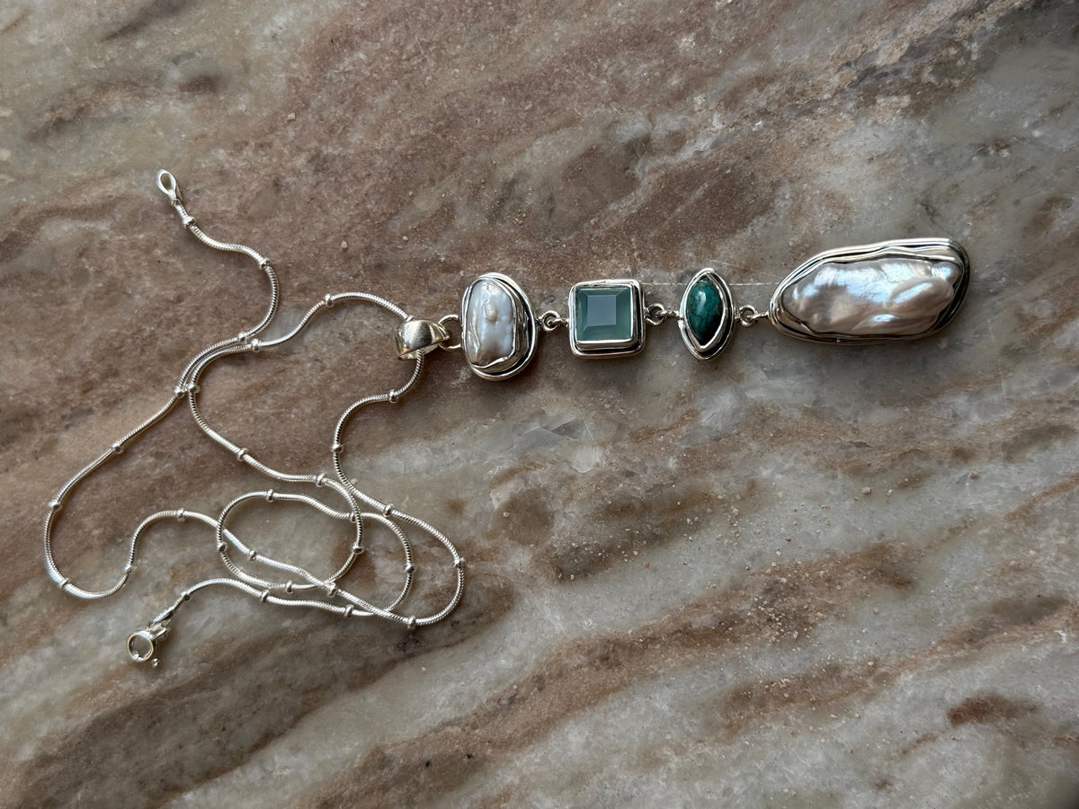 925 Sterling Silver Baroque Pearls, Aqua Chalcedony, Faux Turquoise Statement Handcrafted One of a Kind Pendant