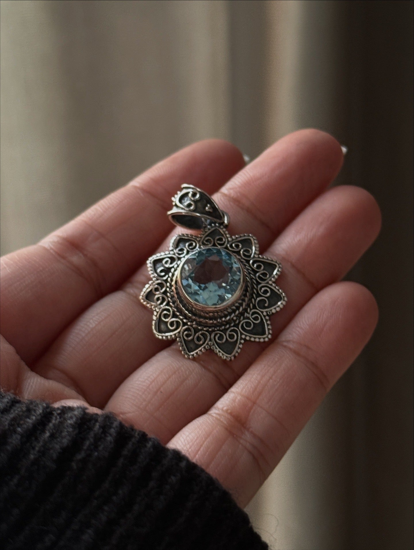 Blue Topaz Mandala Boho 925 Sterling Silver Pendant