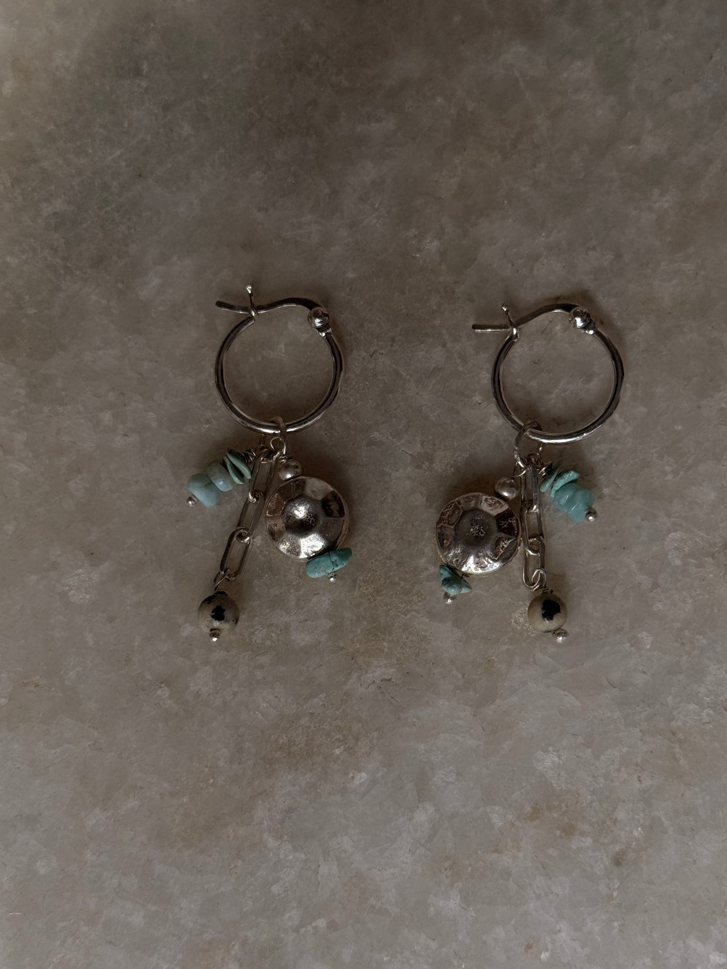 925 Sterling Silver Larimar , Turquoise , Dalmatian Jasper With Paper Clip Chain, Handcrafted Rustic Hoops Earrings