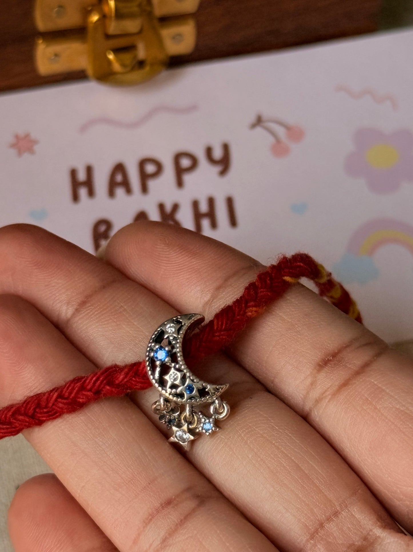 925 Sterling Silver Moon Stars Charm Rakhi ~ Reusable as Pendant/Bracelet Charm Handcrafted Rakhi