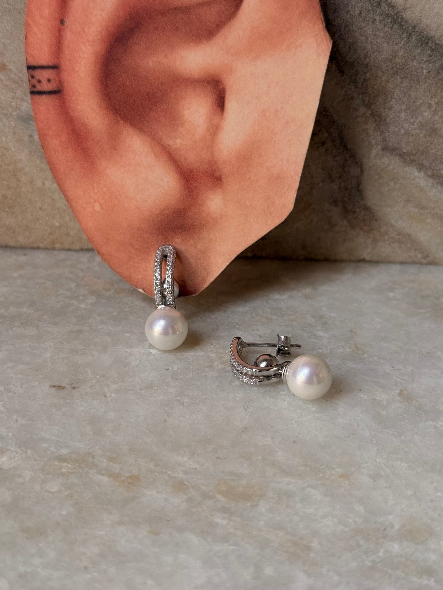925 Sterling Silver Fresh Water Pearl Cz 2 in 1 Earrings