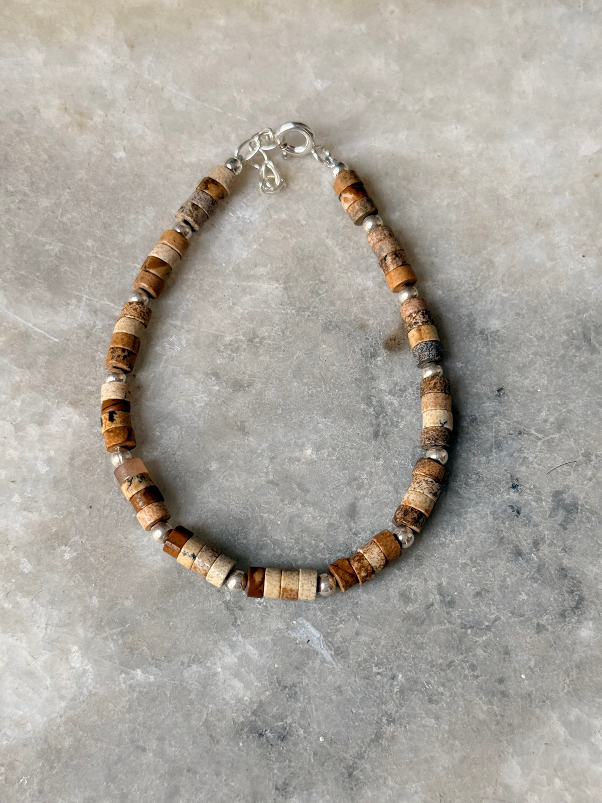 925 Sterling Silver Picture Jasper Flat Tube Crystal Silver Balls Bracelet