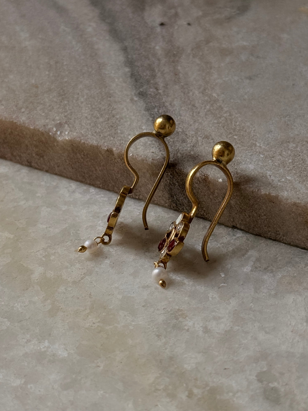 925 Sterling Silver Gold Plated Pink White Stone Kundan Polki & Fresh Water Pearls Charm Bugadi Ear Cuff
