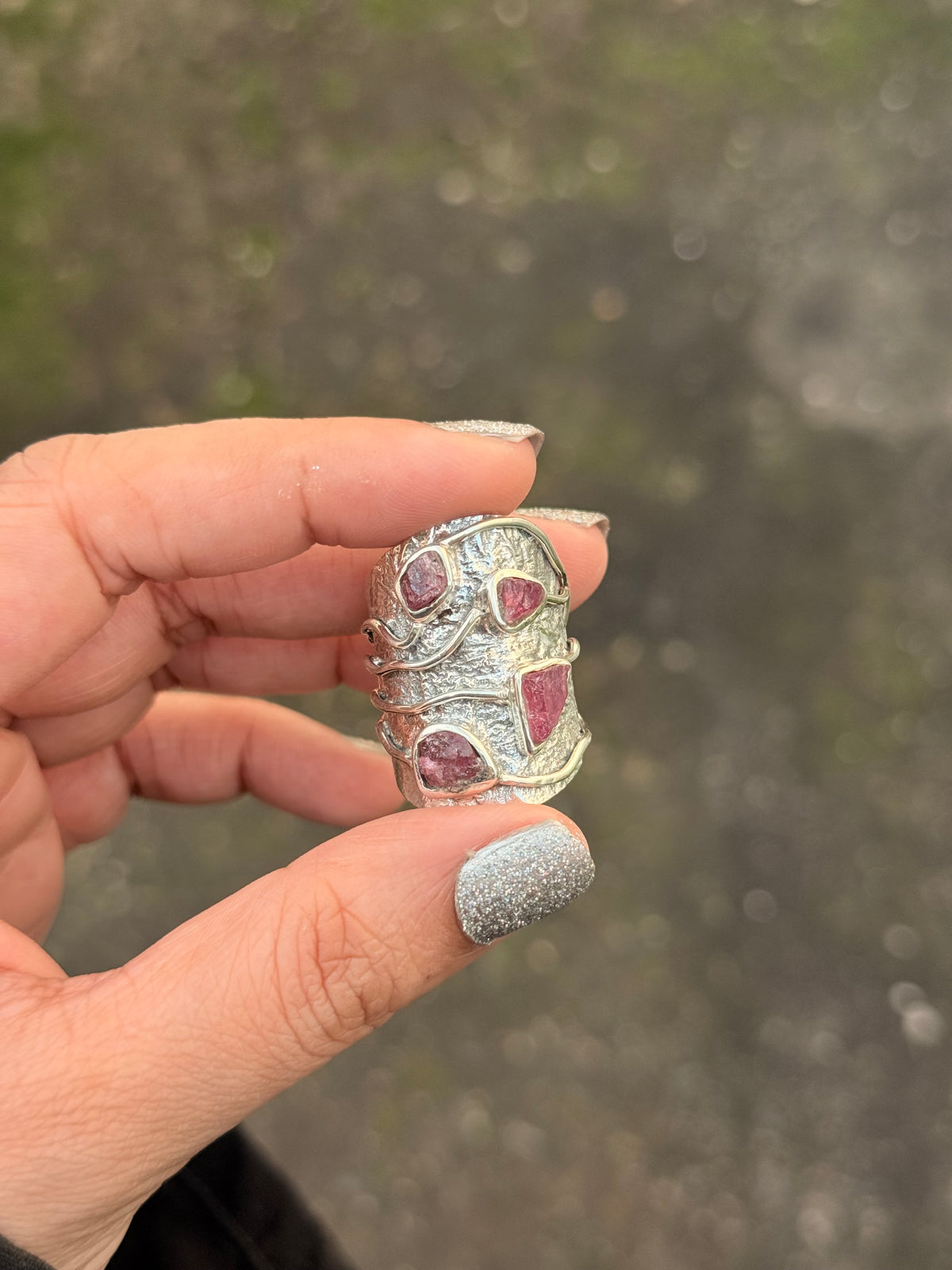 925 Sterling Silver Pink Tourmaline Raw Uncut Textured Rustic Handcrafted Ring