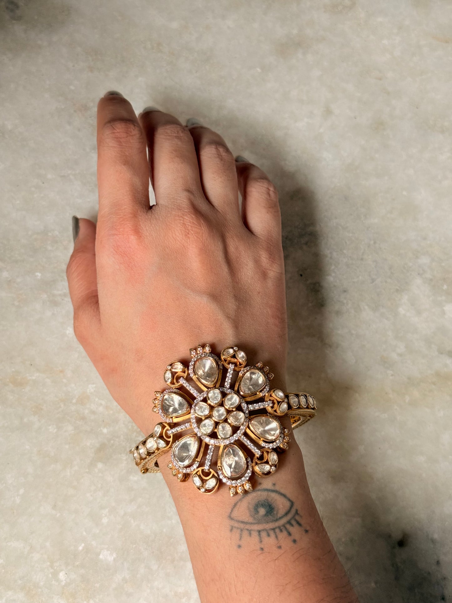 Luxury Gold Plated 925 Sterling Silver Antique Moissanite Polki Statement Cuff 