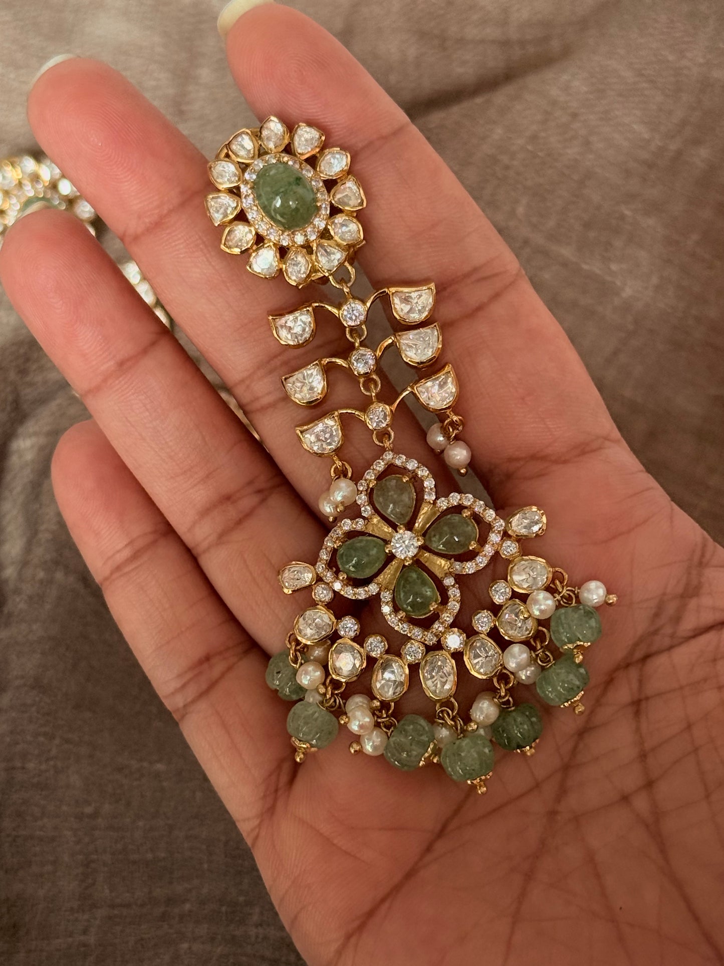 925 Sterling Silver Gold Plated Antique Moissanite Polki Green Onyx , Fresh Water Pearls Statement Earrings