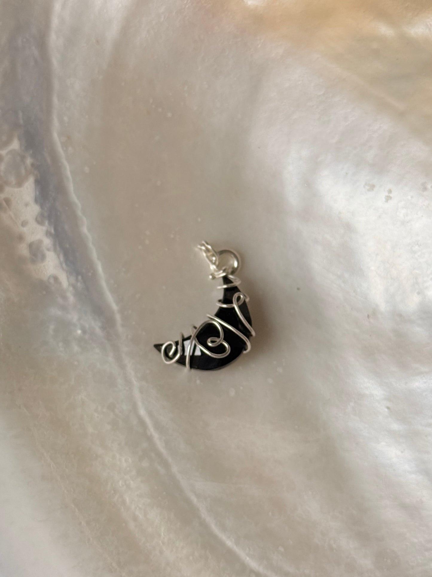925 Sterling Silver Black Onyx Moon Wire Wrapped Handcrafted Pendant
