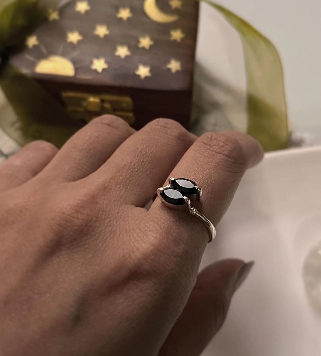 Silver Ring with Double Marquise Black Onyx Stones
