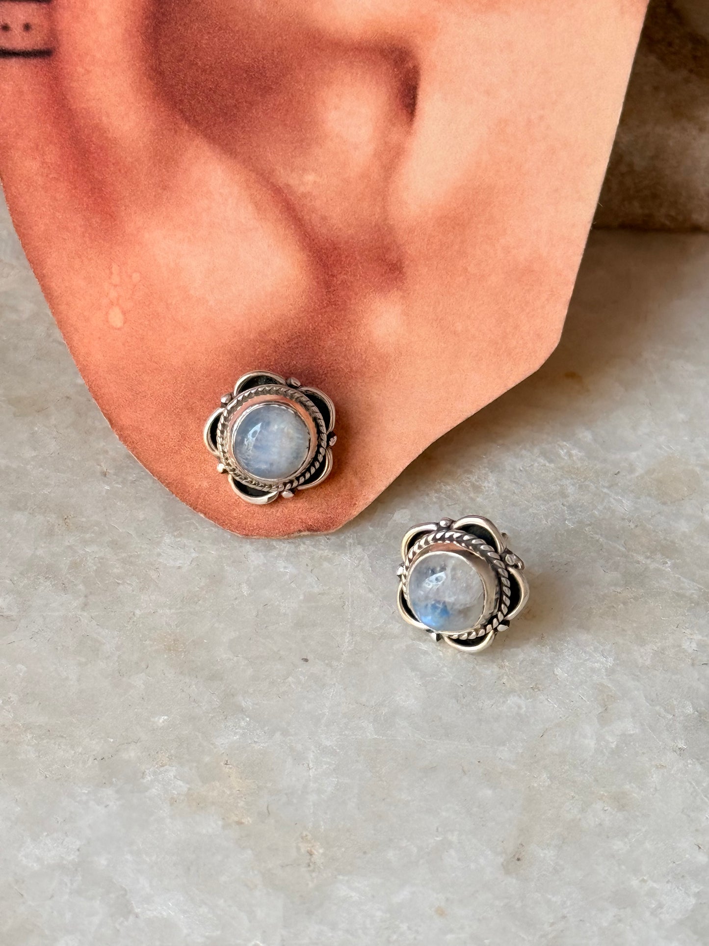 925 Sterling Silver Moonstone Flower Studs Earrings