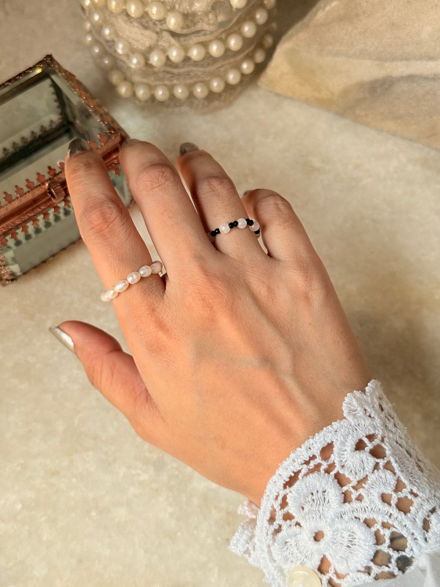 Natural Crystal Stretchy Fresh Water Pearl & Black Spinel Moonstone Rings