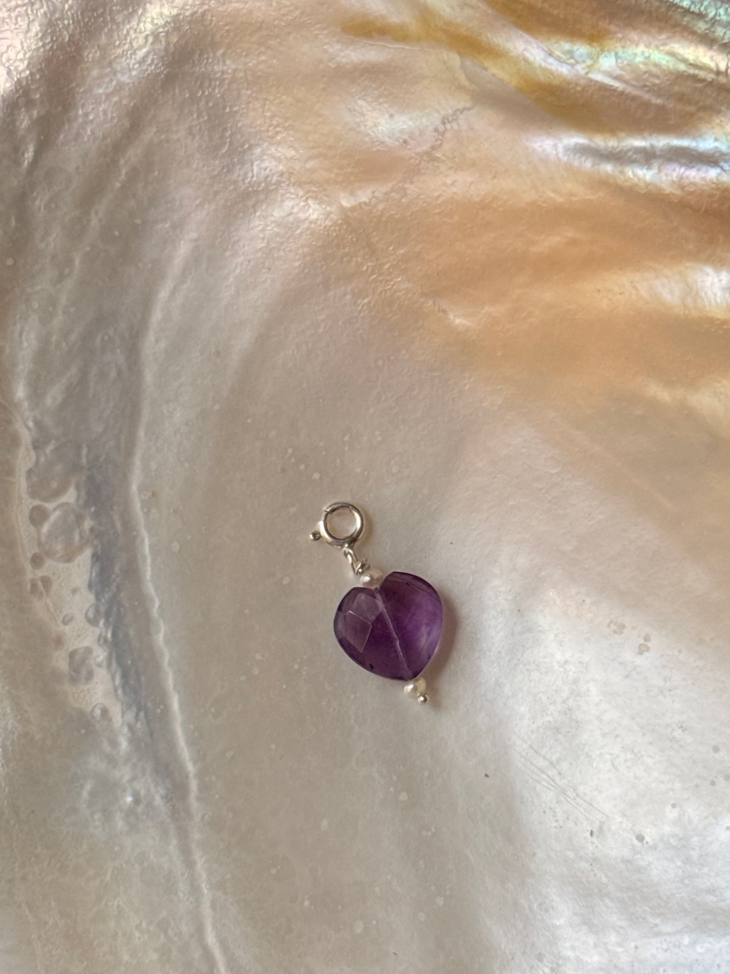 925 Sterling Silver Amethyst Heart with Pearl Crystal Charm