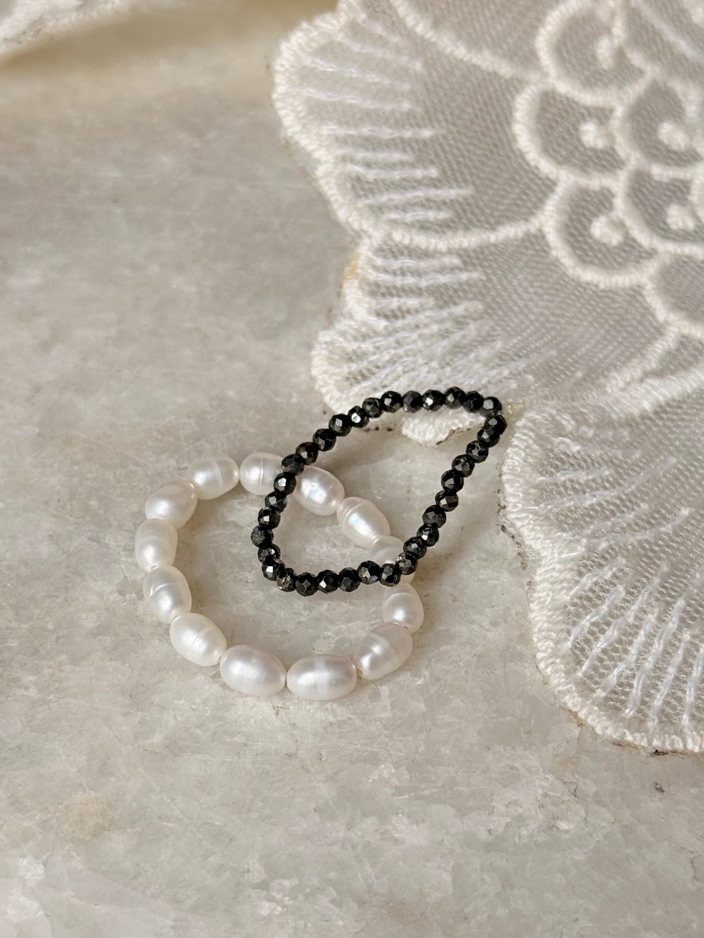 Natural Crystal Stretchy Fresh Water Pearl & Pyrite Rings