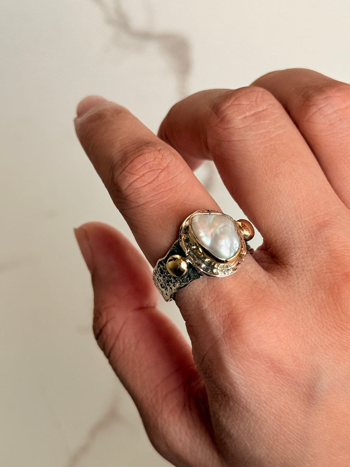 925 Sterling Silver Baroque Pearl Rustic Fusion Handcrafted Ring