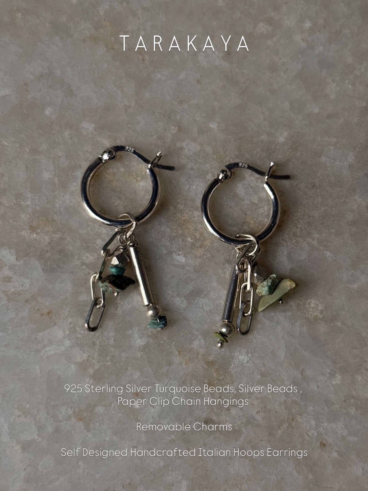 925 Sterling Silver Turquoise, Hill Tribe, Paper Clip Hoops Earrings