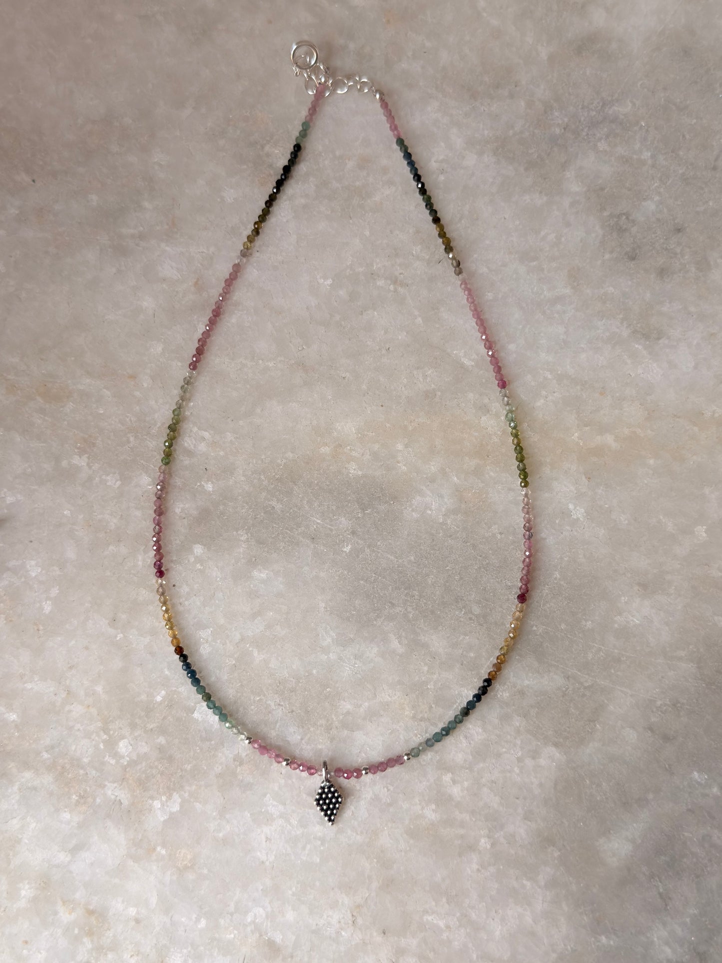 925 Sterling Silver Multi Tourmaline 2mm Tribal Rawa Charm & Silver Balls Necklace