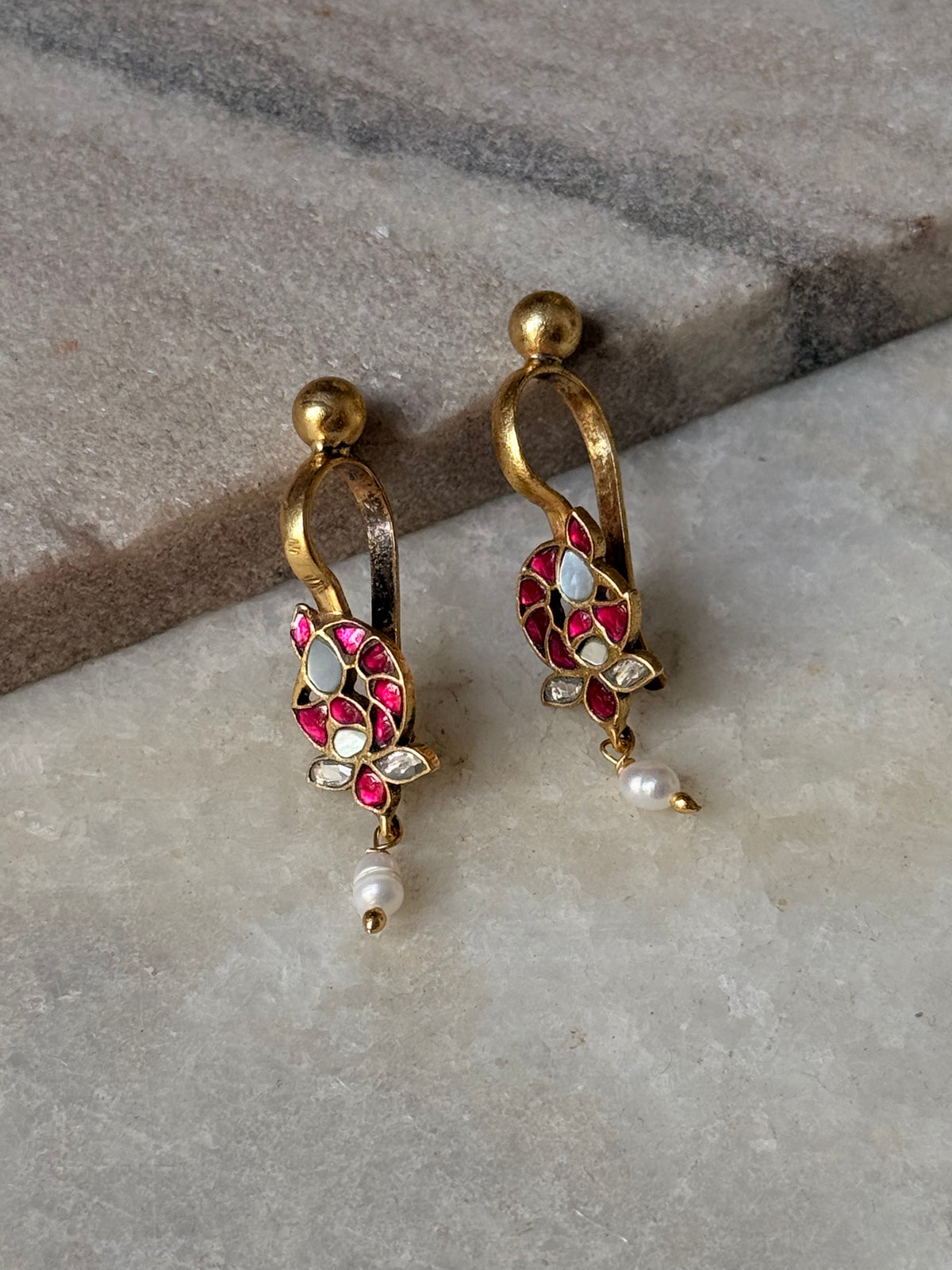 925 Sterling Silver Gold Plated Pink White Stone Kundan Polki & Fresh Water Pearls Charm Bugadi Ear Cuff