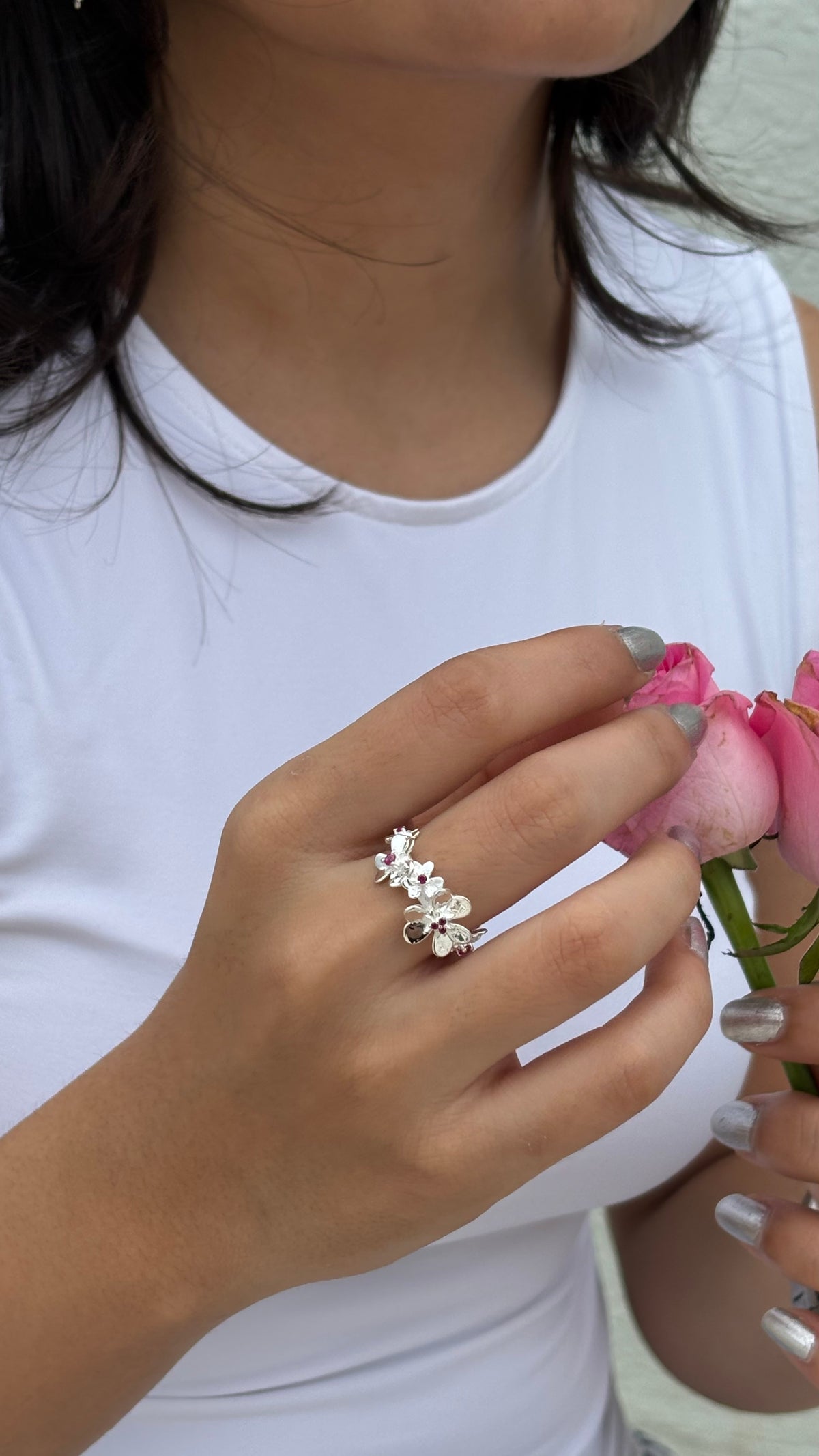 925 Sterling Silver Ruby Lab Grown flowers Bouquet Adjustable Ring