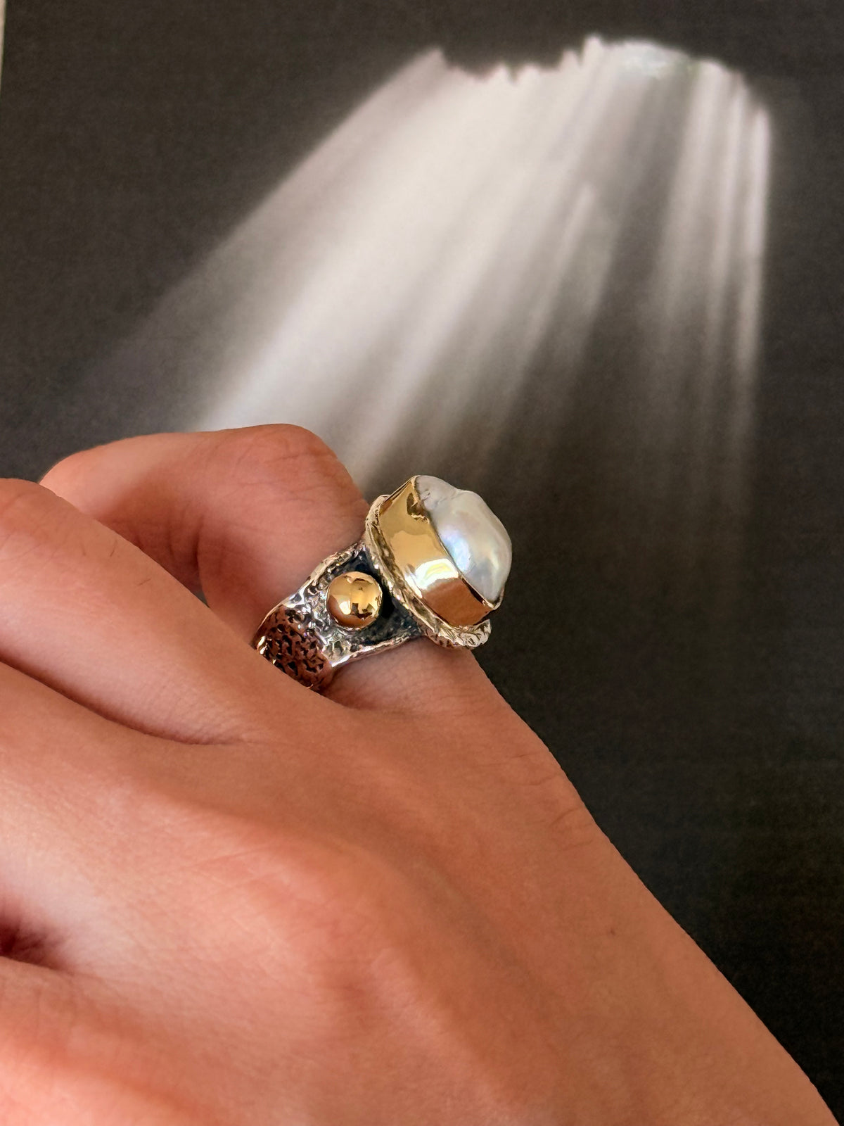 925 Sterling Silver Baroque Pearl Rustic Fusion Handcrafted Ring