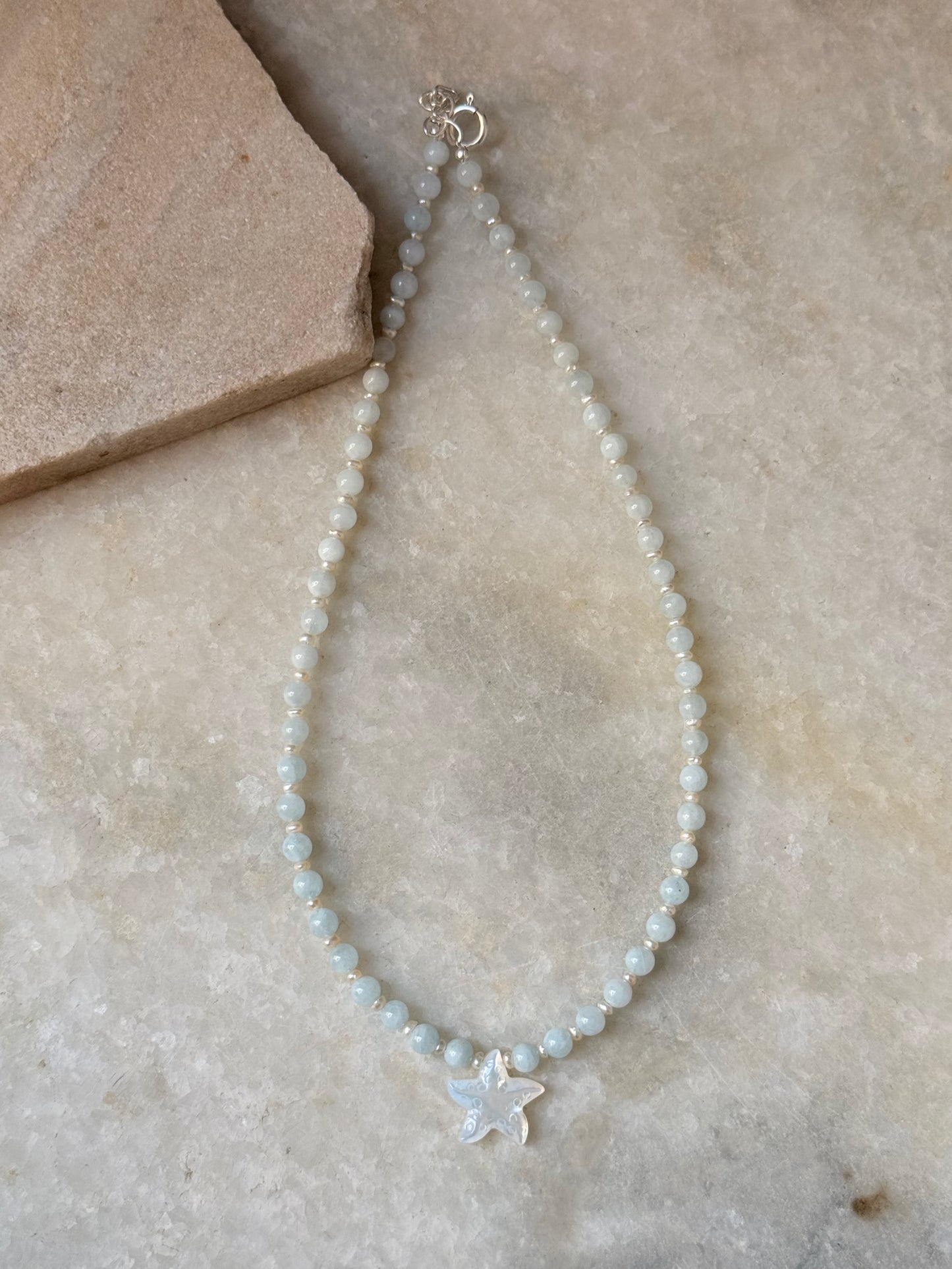 Natural Aquamarine, Shiny Pearls & Mother of Pearl Starfish 925 Sterling Silver Necklace