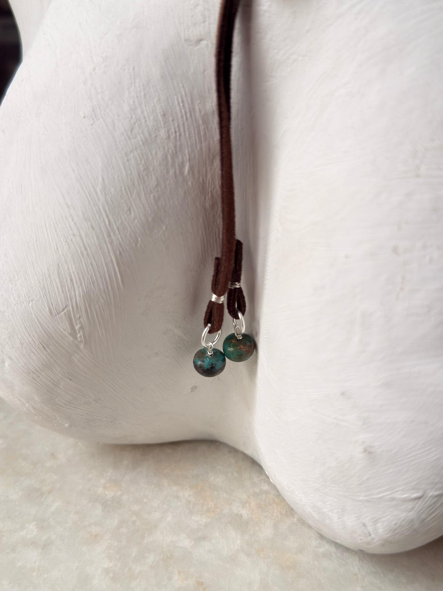 925 Sterling Silver Tribal Engraved with Turquoise Charm Brown Cord Leather Necklace