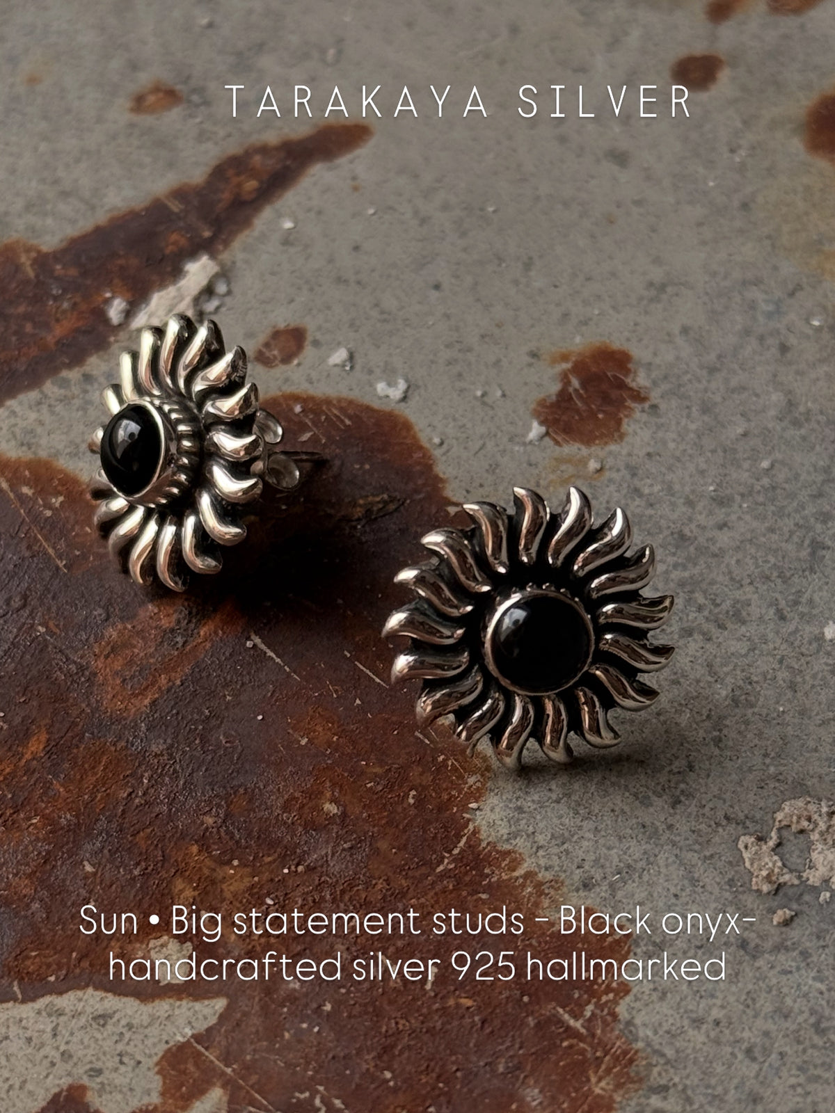 925 Sterling Silver Black Onyx Sun Statement Studs Earrings