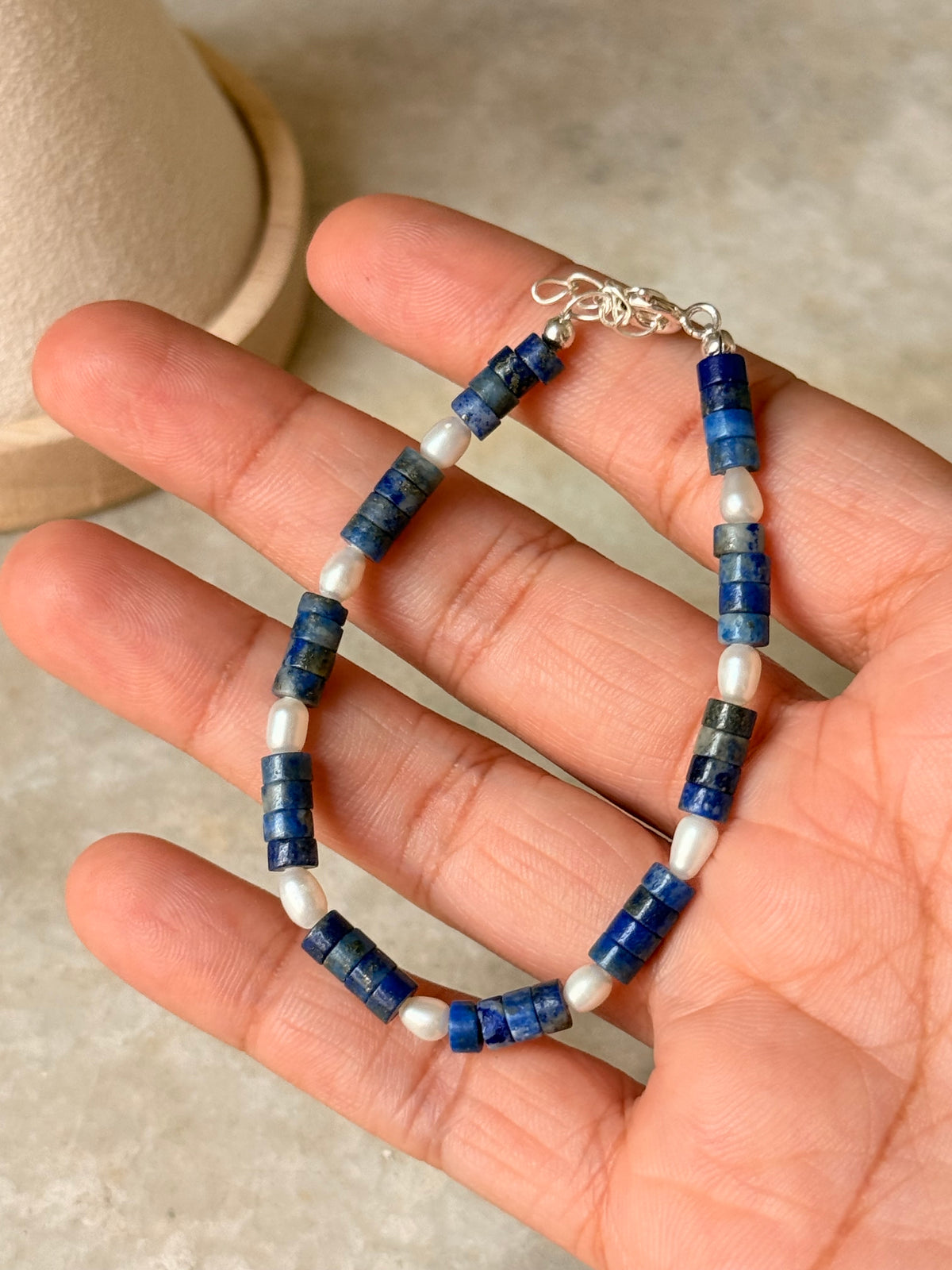 925 Sterling Silver Lapis Lazuli Flat Tube Crystal Fresh Water Pearls Bracelet